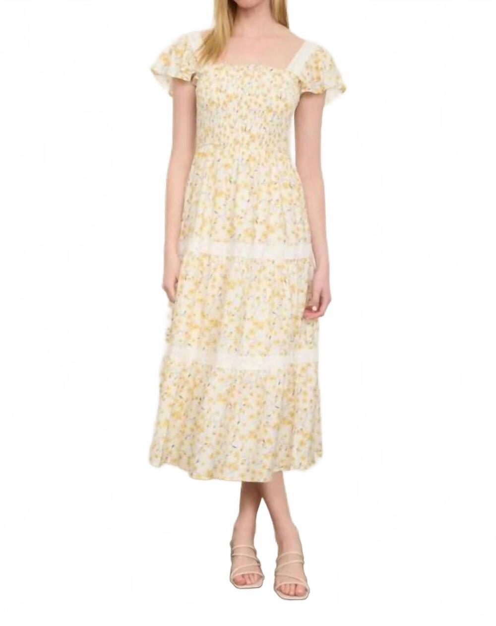 NEW MINE AND E&M floral lace trim smocked tiered midi dress in yellow